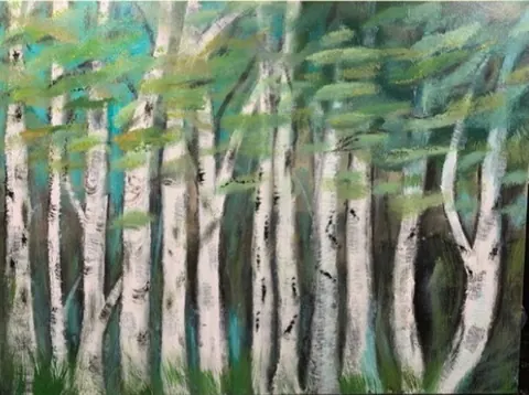 Sold original by Agata May'kowska — Painting of white birch trees with green leaves in a forest scene.