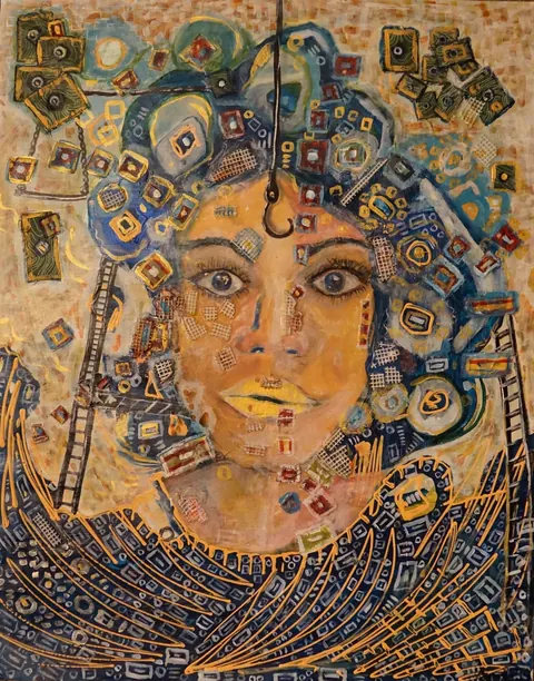 Sold original by Agata May'kowska — Portrait of a woman with a focus on her face, surrounded by abstract geometric patterns and shapes in vibrant colors, with a combination of realistic and abstract…