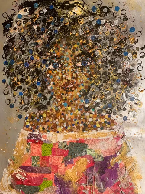 Sold original by Agata May'kowska — A portrait of a woman with curly hair adorned with loops and circles in various colors, including gold, black, and blue. The face is painted with numerous small dots in…