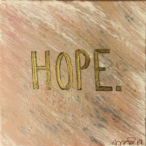 Sold original by Agata May'kowska — A textured surface with the word 'HOPE.' written in large, gold-colored letters. The background has soft, blended shades of pink, beige, and gray.