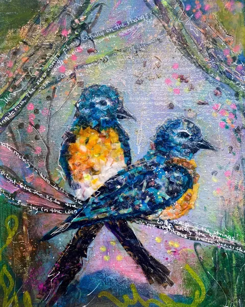 Sold original by Agata May'kowska — Two abstract painted birds with vibrant colors sitting on a branch against a colorful background with paint splatters and handwritten text.