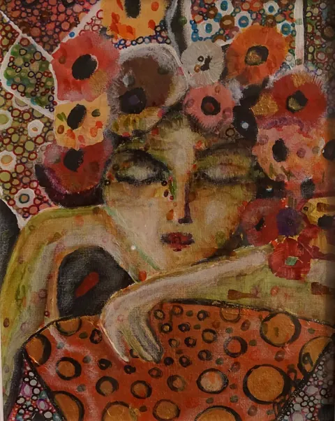 Sold original by Agata May'kowska — A woman with closed eyes and red lips, holding a cup, is surrounded by colorful flowers and abstract patterns, with a style that resembles a modern painting.